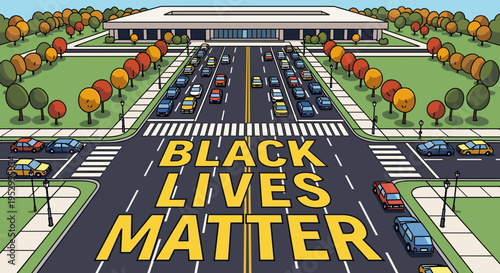 A vibrant illustration showcasing a city street with 'Black Lives Matter' prominently displayed, in a colorful, modern style