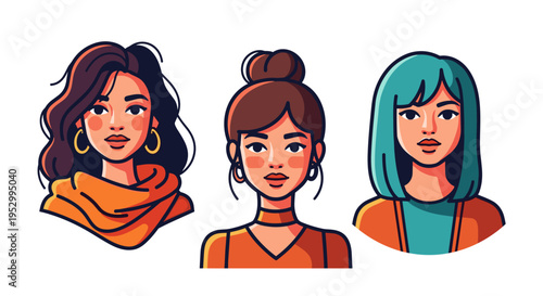 Three diverse female portraits showcasing different hairstyles and expressions in a modern, colorful illustration style