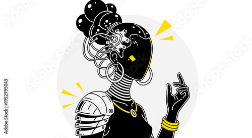 A stylized female cyborg character with intricate circuitry, presented in a modern flat design with vibrant accents