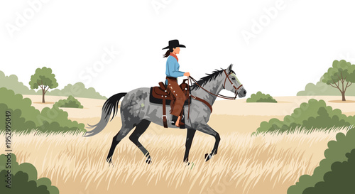 A cowboy riding a gray horse through a grassy landscape, illustrated in a modern flat style