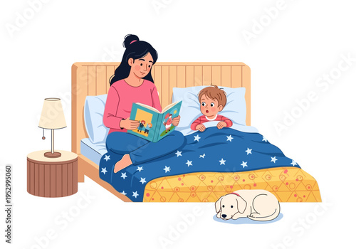 Mother Reading to Child in Bed Together.