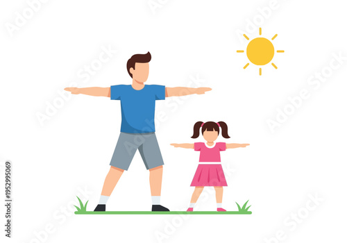 Father and Daughter Doing Yoga Together Outdoors.