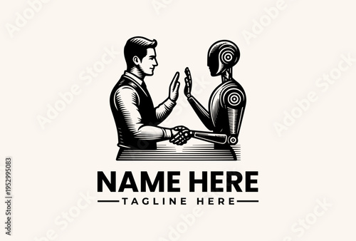 Black and white illustration of a man and robot shaking hands with a logo template on a clean background, featuring a vector graphic design with icon-like pictogram elements.