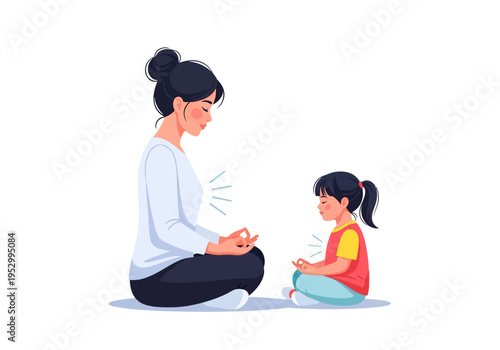 Woman and Girl Meditating Together Peacefully.