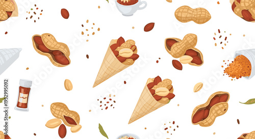 Seamless Pattern with Peanuts, Ice Cream Cones and Snacks on White Background for Food Packaging Design, Dessert Theme, Organic Ingredients and Culinary Wallpaper