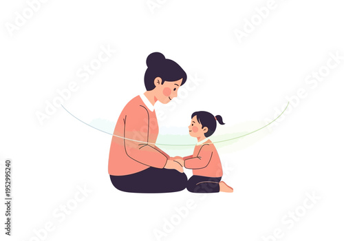 Mother and Daughter Sitting Together Holding Hands.