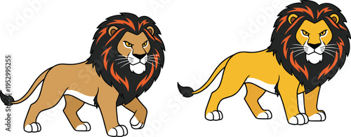 Vector illustration of powerful lion mascot characters with orange and black manes in two different poses for sports and branding