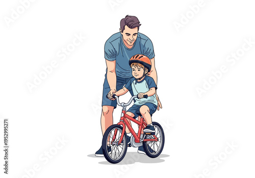 Father Teaching Son to Ride Bicycle.