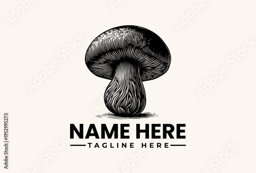 A detailed black and white illustration of a mushroom logo with a placeholder name and tagline on a clean background.