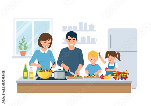 Fotografija Family Cooking Together in Kitchen Scene.