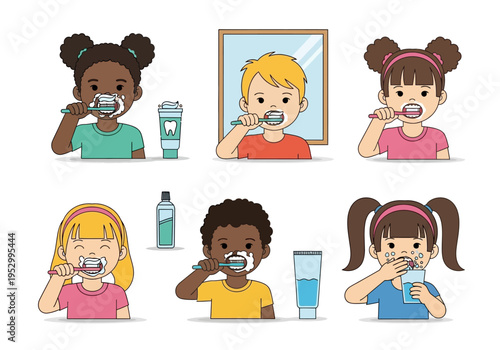 Children Brushing Teeth with Toothbrushes and Toothpaste.