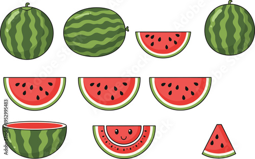 Vector watermelon collection with whole fruit, halves, slices, and cute kawaii character for summer food design