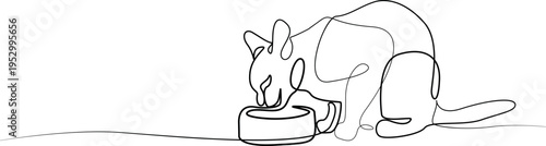 Cat drawn with a black line. Cat eating from a bowl, one line drawing. Pet. Pet food concept, cat care, veterinary, healthy and satisfying food for a pet. Illustration