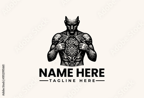 A muscular, tattooed superhero with a mask and horns poses against a clean white background, showcasing a customizable logo design with a tagline and name placeholder.