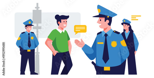 Police officers talking to young man in green shirt at street city patrol security concept illustration in flat style with friendly conversation and safety protection outdoor law enforcement scene