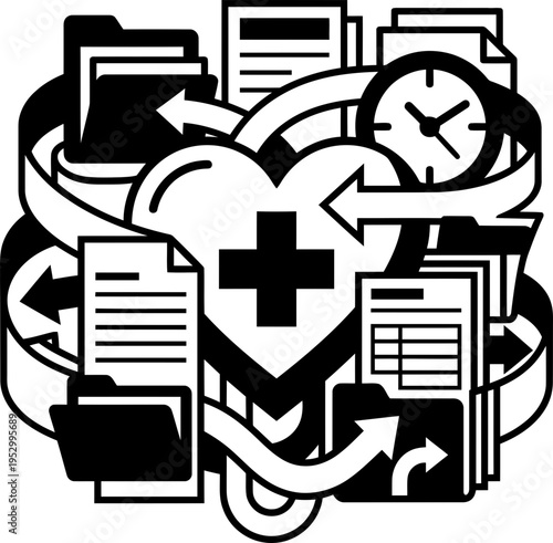 Heart with medical cross entwined with documents, arrows, and clock icon. Medical data management and workflow concept vector illustration