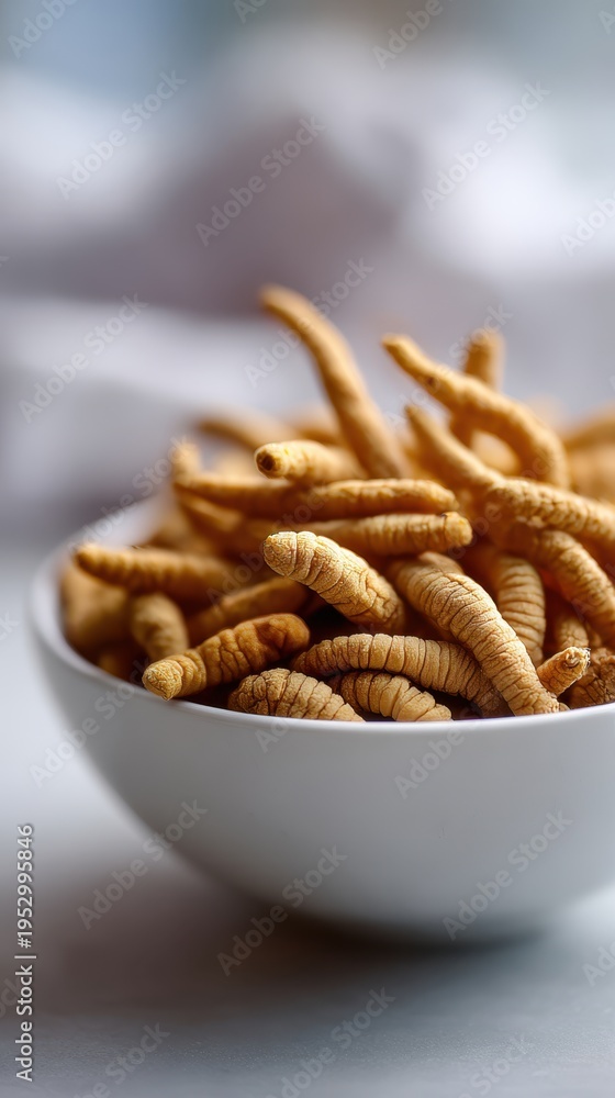 Fototapeta premium Cordyceps sinensis health products displayed in a white bowl, showcasing the unique elongated shape and texture of the fungi against a soft blurred background
