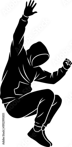 Hooded man jumping or climbing in dynamic pose. Silhouette vector illustration of action, sport, freedom, urban culture design