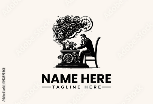 Black and white illustration of a man sitting at a typewriter with a thought bubble full of gears and cogs above his head, on a beige background with space for a logo and tagline.