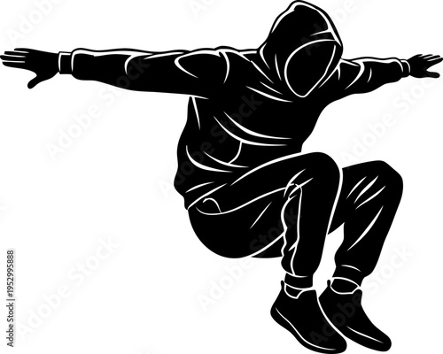 Man in hoodie performing parkour jump or free-running stunt. Sport activity and urban extreme lifestyle concept. Silhouette vector illustration