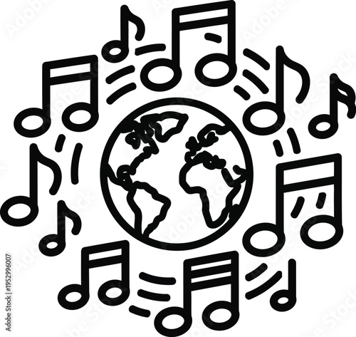 Global music concept with earth globe and flying musical notes