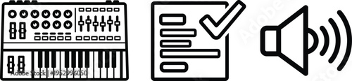 Music production vector icons. synthesizer, checklist, and sound waves. keyboard, task list, and audio