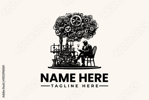 A black and white illustration of a man sitting at a desk with a tree made of gears and mechanisms growing above him, surrounded by a clean white background, conveying a sense of industrial