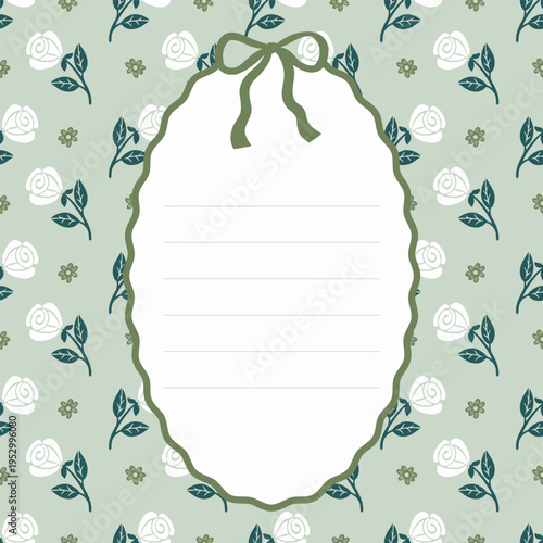Vintage Sage Green Floral Memo Pad Template with White Roses and Bow - Cottagecore Stationery Background