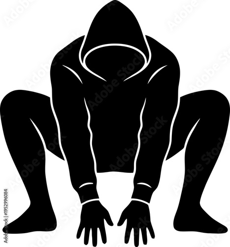 Man with hoodie dark silhouette in a crouching position isolated on white. Anonymous figure vector icon or symbol for security, crime concept
