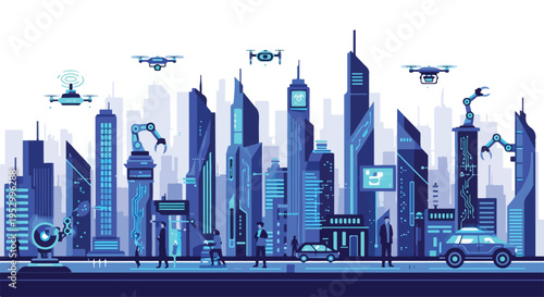Flat 2D illustration of a futuristic cityscape with drones flying overhead, featuring sleek skyscrapers, flying cars, and pedestrians, showcasing a concept of and technological revolution in a modern