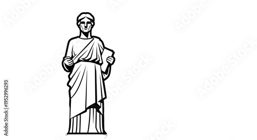 Black and white line art drawing of a classical draped female statue holding an object, depicting ancient Greek or Roman culture.