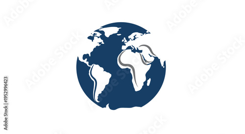 A stylized dark blue globe showing continents like the Americas, Africa, and Europe, representing global connection and the Earth.