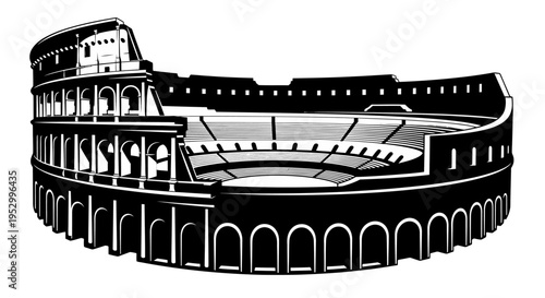 Stylized black and white illustration of the ancient Roman Colosseum amphitheater, showcasing its iconic architectural structure and historical grandeur.