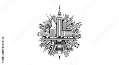 A grayscale 3D rendering of a spherical city globe with numerous skyscrapers and urban buildings arranged around its surface, reflecting a modern architectural concept.