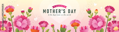 Mother's Day floral greeting banner with blooming pink flowers, elegant typography and pastel botanical arrangement in flat geometric illustration style on wide background.