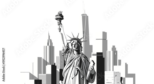 Black and white graphic illustration of the Statue of Liberty with the iconic New York City skyline in the background, symbolizing freedom and urban grandeur.