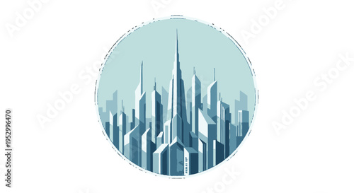 A stylized illustration of a modern cityscape with tall skyscrapers in shades of blue and grey, enclosed within a circular frame.