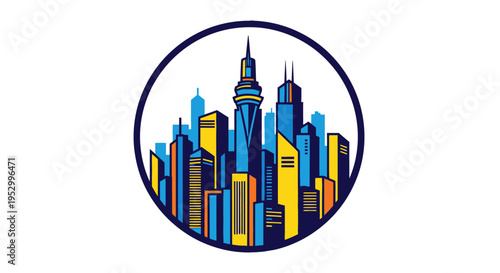 Vibrant stylized cityscape illustration with tall buildings and skyscrapers within a circular frame, featuring modern urban architecture.