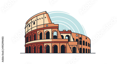 Stylized illustration of the ancient Roman Colosseum with a light blue background arc, depicting a famous historical landmark.