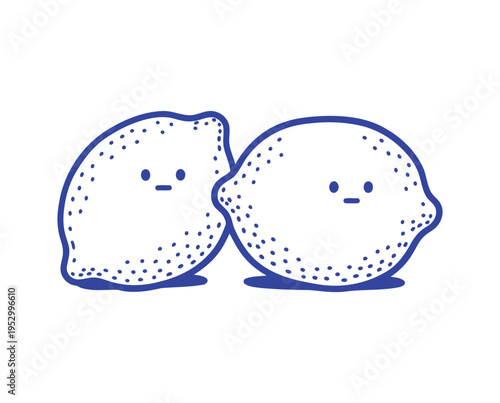 Cute Kawaii Lemon Characters Minimal Line Art Citrus Duo Blue Outline Vector Illustration