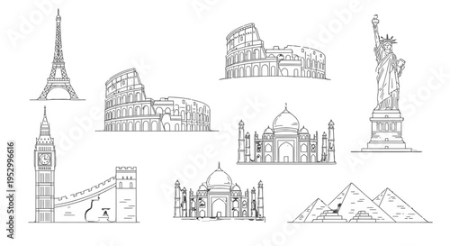 A collection of famous world travel landmarks depicted in simple black and white line art illustrations.