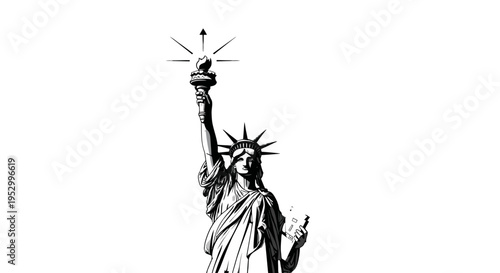 Stylized black and white illustration of the iconic Statue of Liberty holding her torch high, symbolizing freedom and enlightenment.