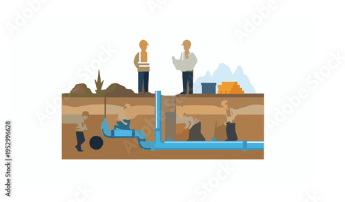 City construction site vector illustration with engineers supervising pipeline work