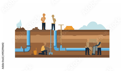 Underground water pipe construction vector illustration with engineers and workers
