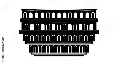 Stylized black and white illustration of a multi-tiered architectural structure with numerous arches, resembling an ancient aqueduct or coliseum.