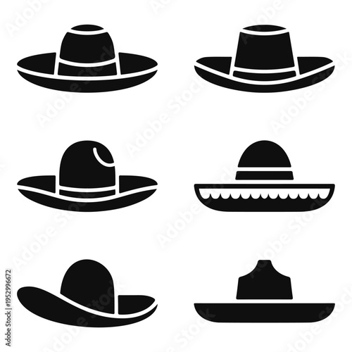 Six Black Silhouettes of Various Hats on a White Background headwear accessory