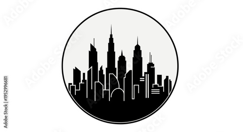 Minimalist black silhouette of a modern city skyline with tall skyscrapers inside a circular frame on a white background, representing urban life and architecture.