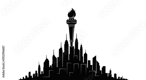 Silhouette of a city skyline with the Statue of Liberty's torch rising above, in a minimalist black and white graphic style.