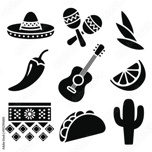 Black Silhouettes of Mexican Cultural Icons on White Background sombrero maracas