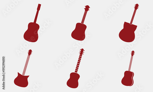 Six Black Silhouettes of Acoustic Guitars on a White Background musical instrument music